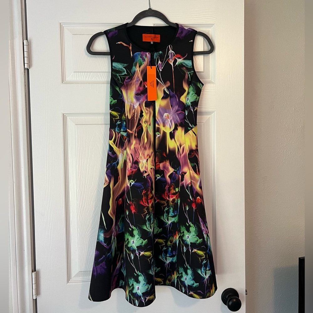 NEW w TAGS Clover Canyon Sleeveless Black Midi Dress Neon Abstract Flame Print M
